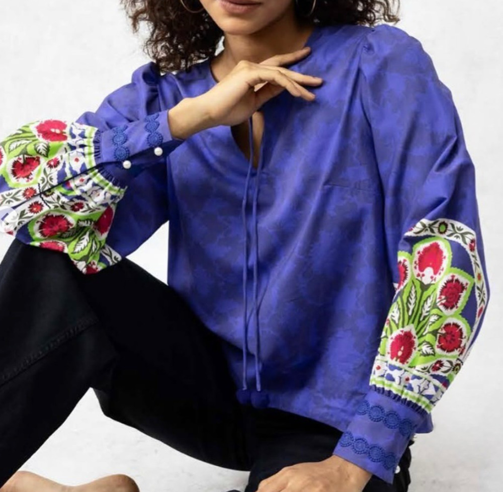 Emily Lovelock Purple & Blue Puff Sleeve Boho Blouse